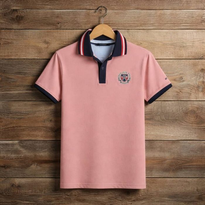 Mens Premium Embroidered Crest Logo Polo Shirt Dusty Pink