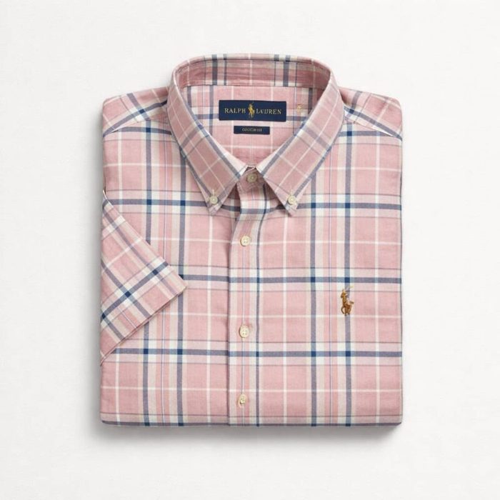 Men’s Premium Embroidered Plaid Short Sleeve Shirt – Dusty Pink — image 1