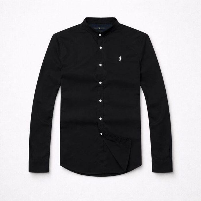 Men’s Premium Mandarin Collar Oxford Long Sleeve Shirt – Black — image 1