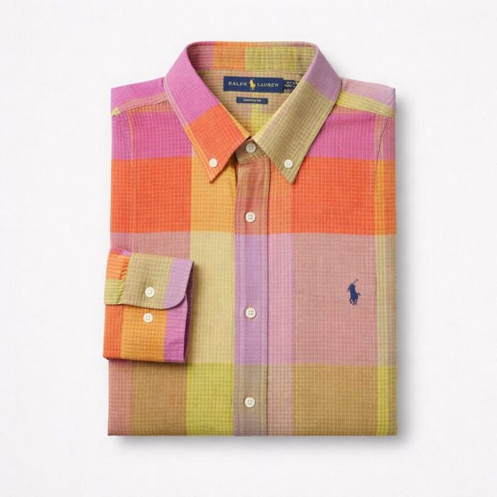 Mens Premium Multi Color Plaid Embroidered Long Sleeve Shirt Orange Pink Green Purple