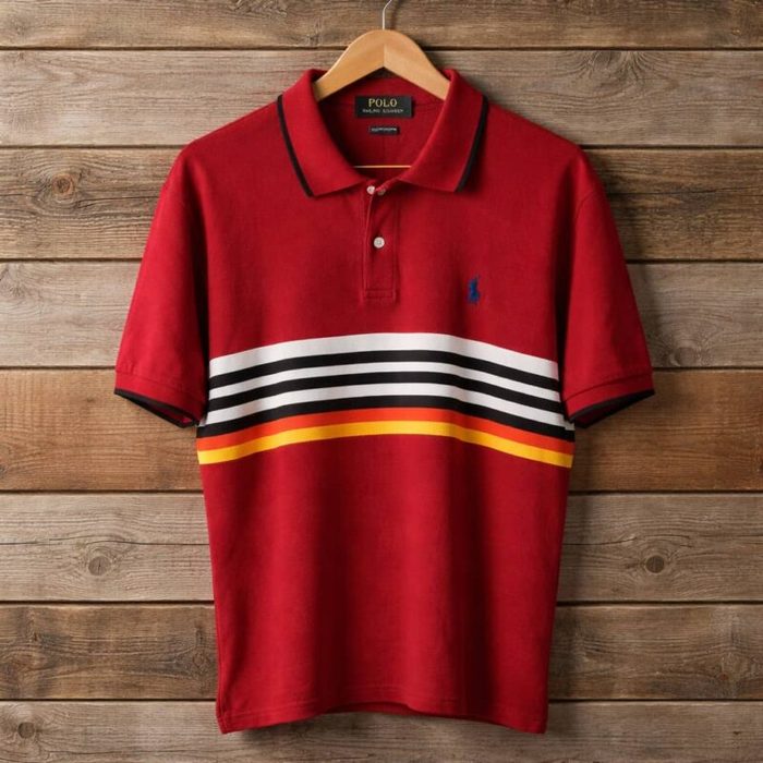 Mens Premium Multicolor Striped Plastisol Print Polo Shirt Red