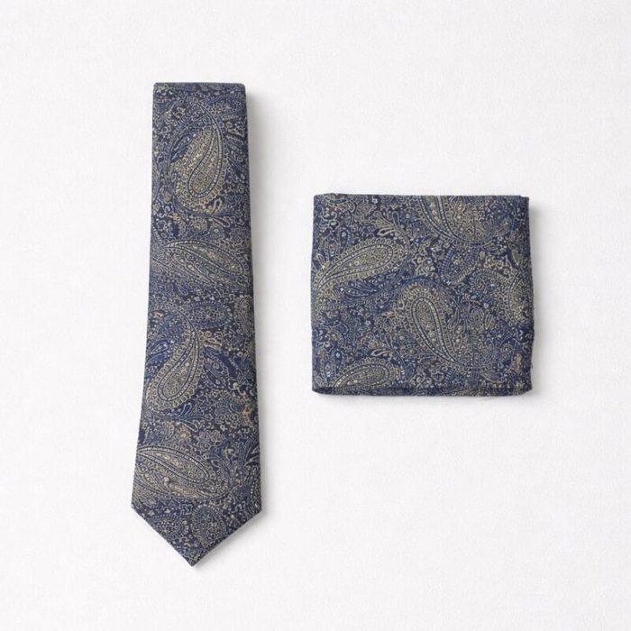 Men’s Premium Paisley Tie & Pocket Square Set – Navy Blue / Bronze