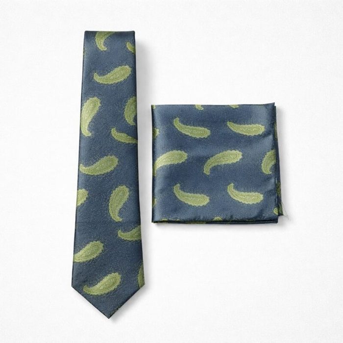 Men’s Premium Paisley Tie & Pocket Square Set –  Navy Blue / Sage Green