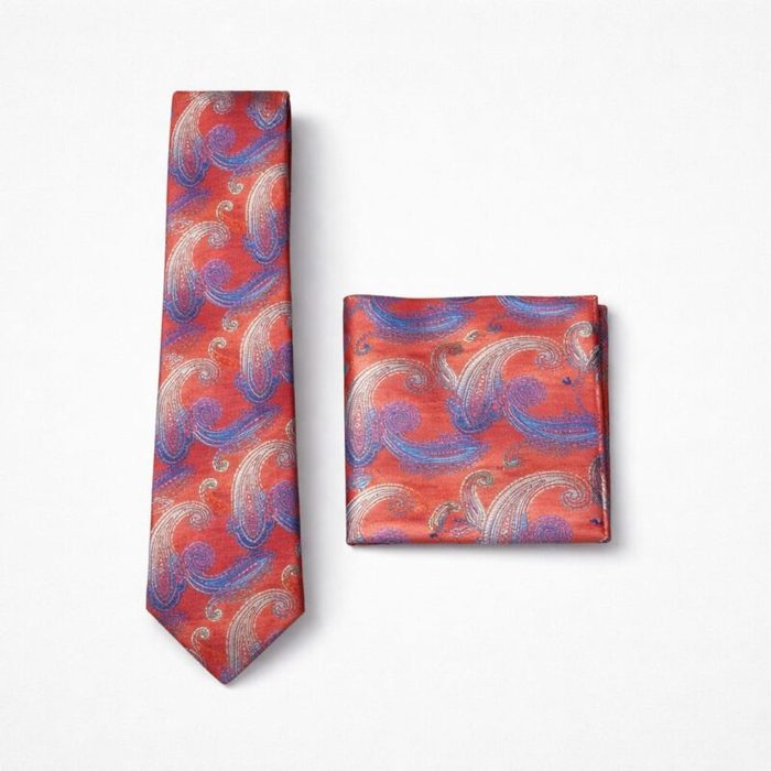 Men’s Premium Paisley Tie & Pocket Square Set – Red / Royal Blue