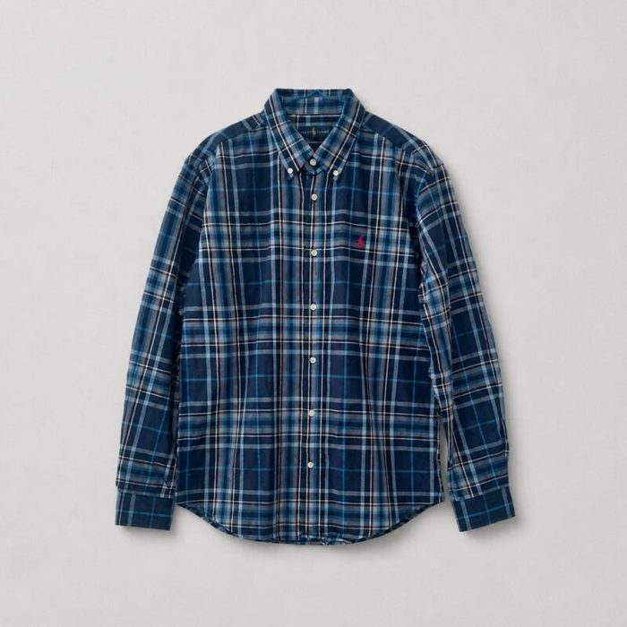 Men’s Premium Plaid Long Sleeve Shirt – Navy Blue/Light Blue/White