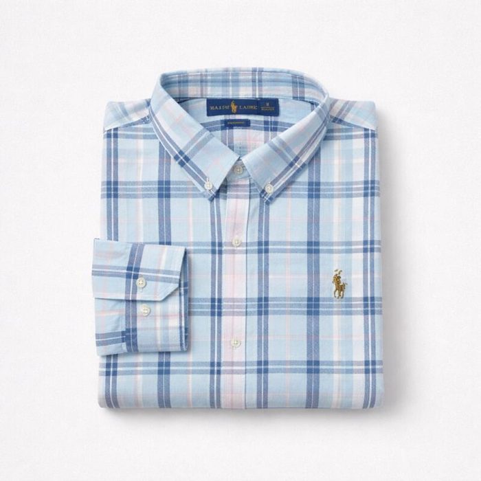 Men’s Premium Plaid Oxford Embroidered Long Sleeve Shirt – Light Blue — image 1
