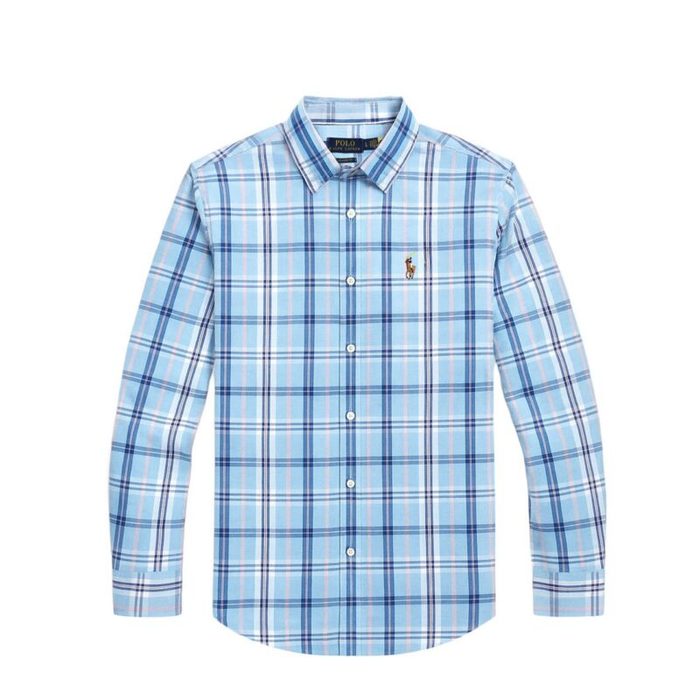 Men’s Premium Plaid Oxford Embroidered Long Sleeve Shirt – Light Blue