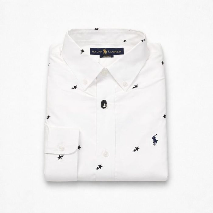 Men’s Premium Printed Embroidered Oxford Long Sleeve Shirt – White