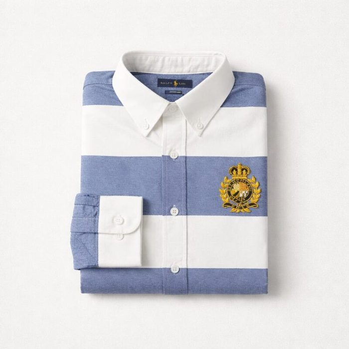 Mens Premium Striped Crested Oxford Long Sleeve Shirt Grey Blue