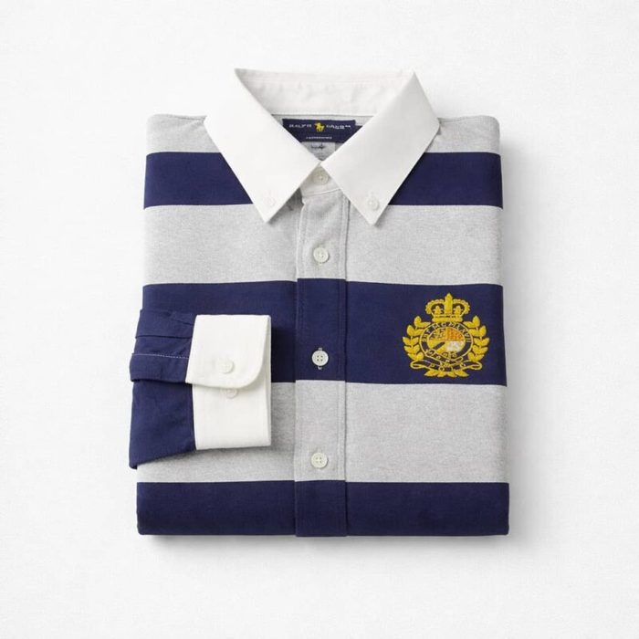 Men’s Premium Striped Crested Oxford Long Sleeve Shirt – Navy Blue / Ash