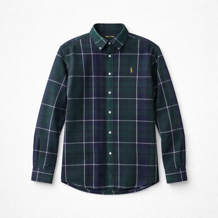 Men’s Premium Tartan Plaid Embroidered Long Sleeve Shirt – Forest Green — image 1