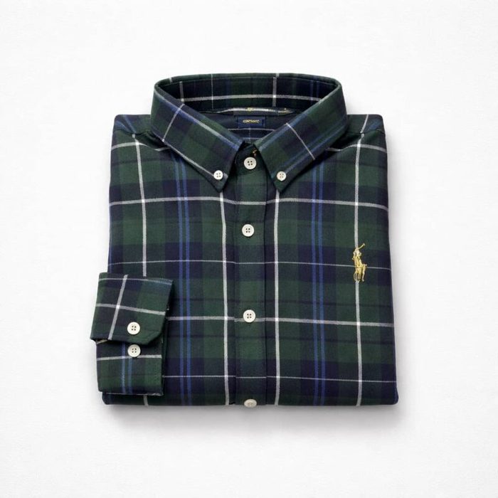 Men’s Premium Tartan Plaid Embroidered Long Sleeve Shirt – Forest Green