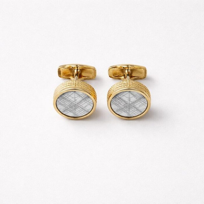Mens Round Cufflinks with White Geometric Pattern Inlay Gold Tone