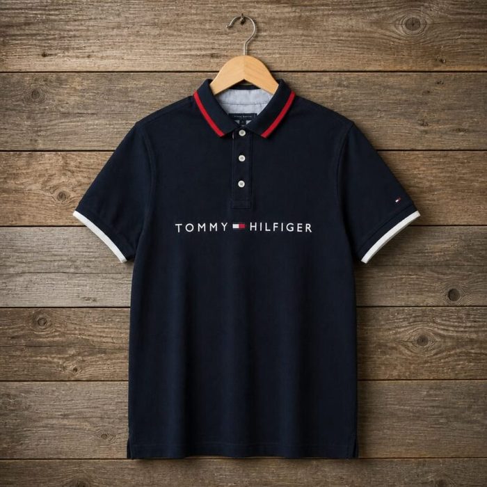 Men’s Contrast Collar Signature Embroidered Logo Polo Shirt – Navy Blue — image 1