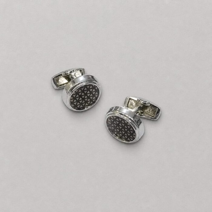 Men’s Silver-Tone Round  Geometric Cufflinks – Silver / Black Accent