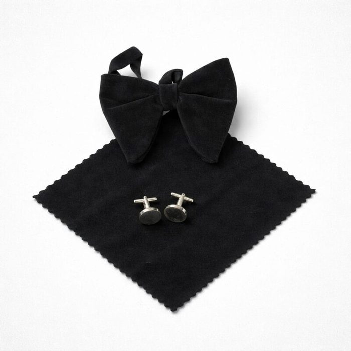 Mens Suede Butterfly Bow Tie Set Pocket Square Cufflinks Black