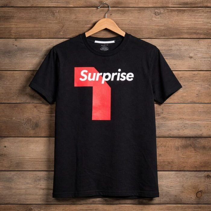 Mens Surprise Graphic Print Crew Neck T Shirt Black