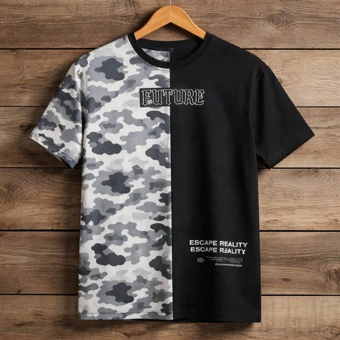 Mens Urban Split Panel Graphic Crew Neck T Shirt Black Camo