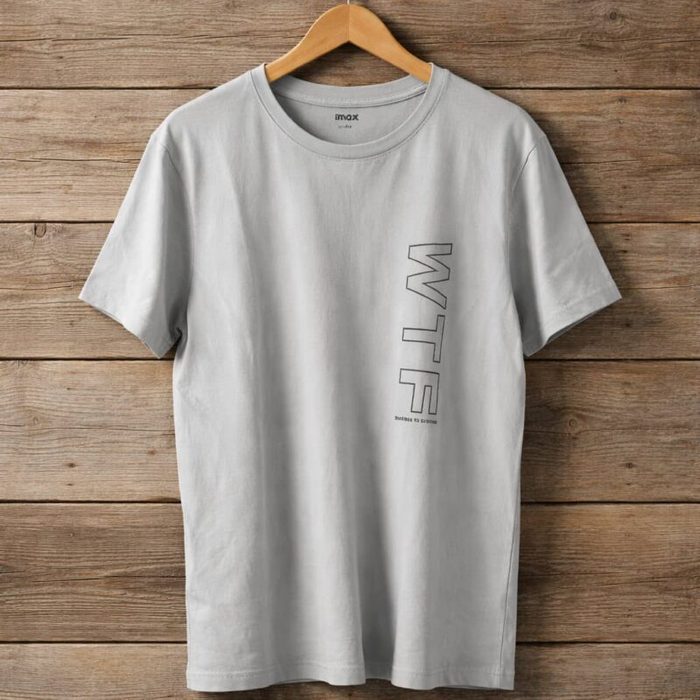 Mens Wtf Vertical Graphic Crew Neck T Shirt Light Grey