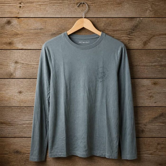 Primark Mens Long Sleeve Crew Neck Cotton T Shirt Slate Grey