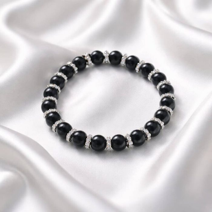 Men’s Black Beaded Bracelet With Crystal Spacers –  Black/Silver — image 1