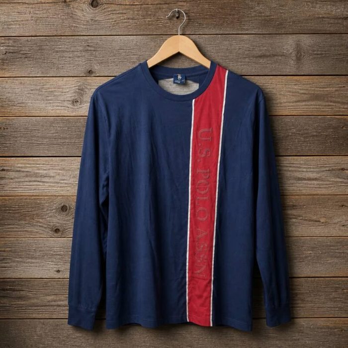 U S Polo Assn Mens Long Sleeve Crew Neck Stripe Graphic T Shirt Navy Blue Red White