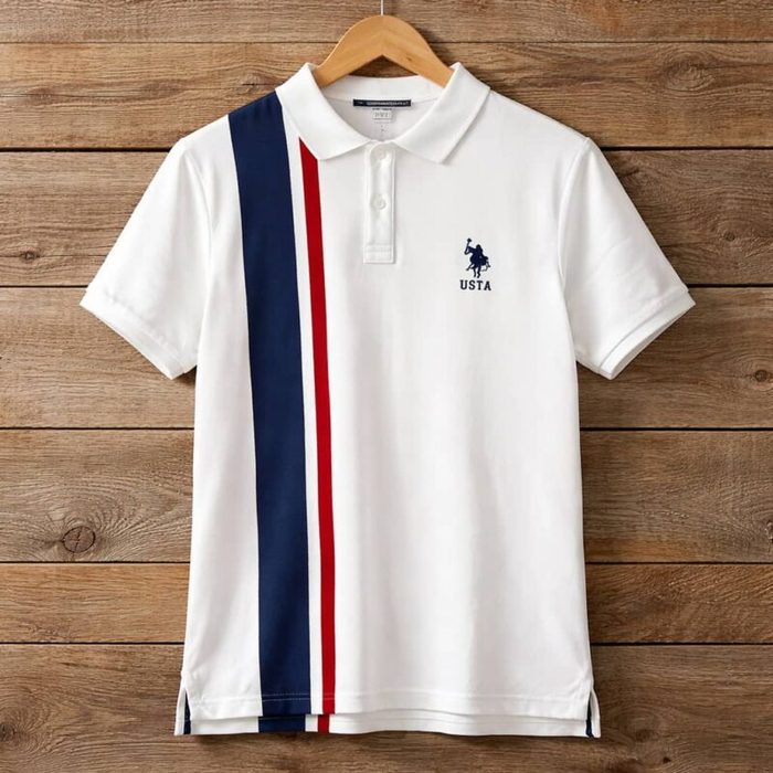 Uspa Premium Vertical Stripe Polo Shirt for Men White