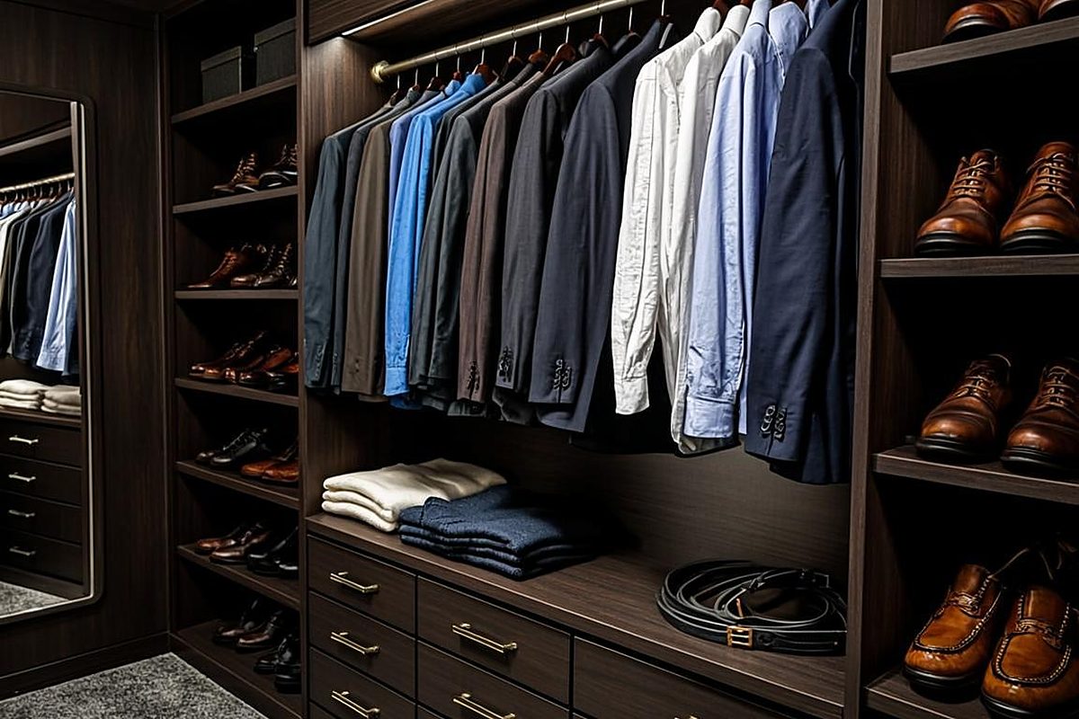 A home fitting session with a curated rail of menswear laid out for the client
