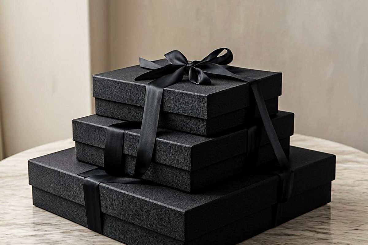 A beautifully wrapped gift box containing a styled menswear outfit