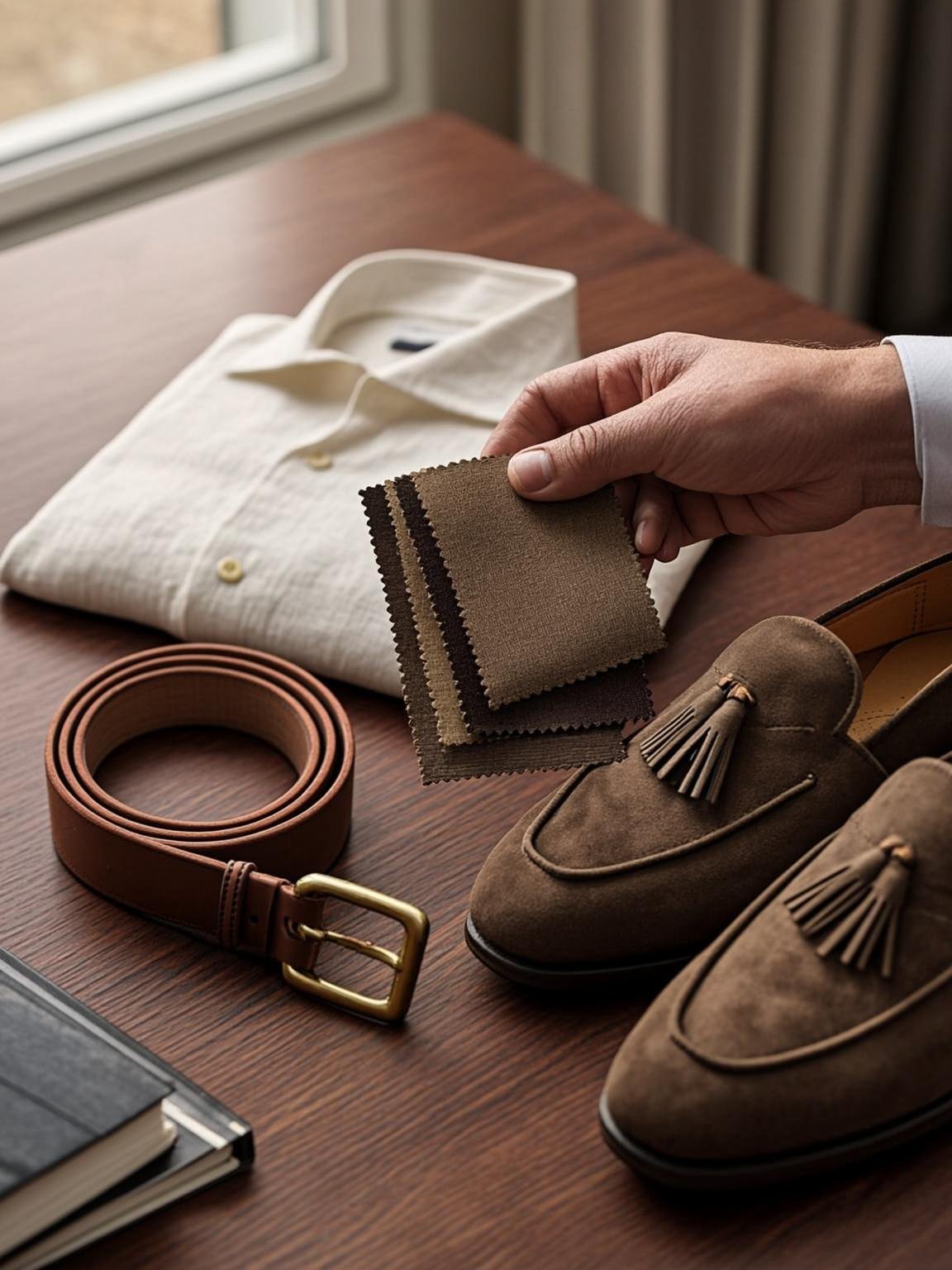 A stylist comparing fabric swatches against a folded shirt, belt, and suede loafers